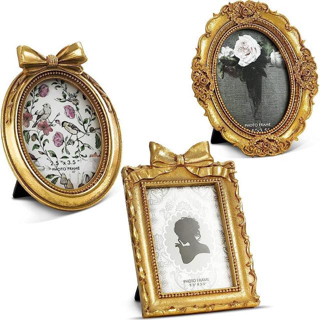 Vicenpal 3Ps Tiny Picture Frame Small Picture Frames 2.5x3.5 Vintage Oval Picture Frames Gold Vintage Baroque Ornate Antique Picture Frames Resin Oval Frame Table Top Display Frame Home Wedding Decor