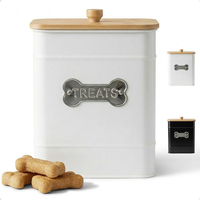 Dog Treat Container Airtight - 6 Inch Wide x 8 Inch Tall Iron Dog Treat Jar for Kitchen Counter with Airtight Bamboo Lid - 12 Cup Capacity Pet Treat Container - Doggie Cookie Jar - Big Treats Canister