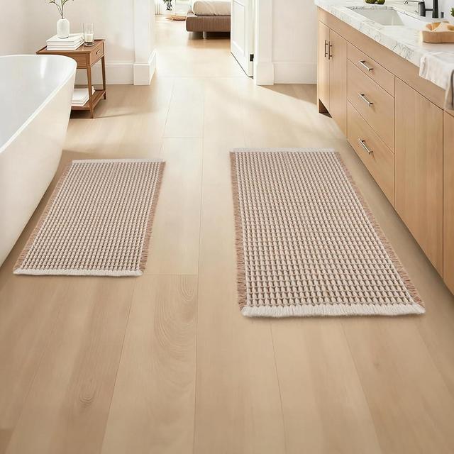 ArtyCozy Waffle Bath Mat Set of 2, Super Absorbent Soft Non-Slip Boho Bath Rugs with Flat-Woven Hot Glue Backing for Bathroom, Machine Washable Bath Mats, 20" × 47" Plus 17" × 24", Brown & White