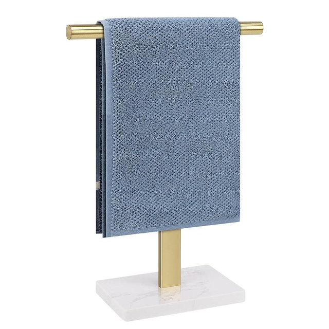 BathAce Hand Towel Holder, T-Shape Hand Towel Stand for Bathroom, Hand Towel Rack Bar Standing for Vanity Kitchen Countertop, 304 Stainless Steel (Marble Base, Gold)