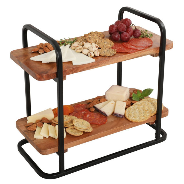 Gibson Home Gracious Dining 2-Tier Wooden Serving Tray with Metal Frame – Acacia Wood Rectangle Charcuterie Board
