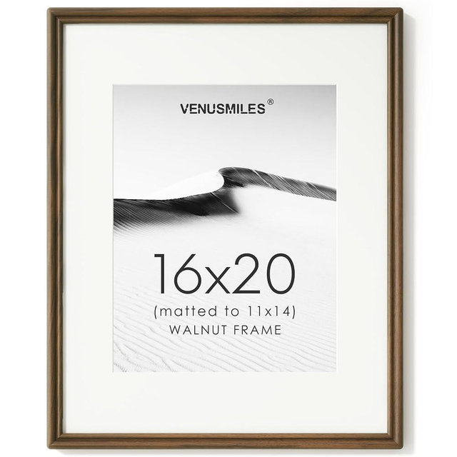 16 x 20 Picture Frame, USA-Sourced Natural Solid Walnut Wood Photo Collage Frame with HD Tempered Glass, Rounded Corner 16x20 Wooden Frame Matted to 11x14, Vertical & Horizontal Wall Hanging Display