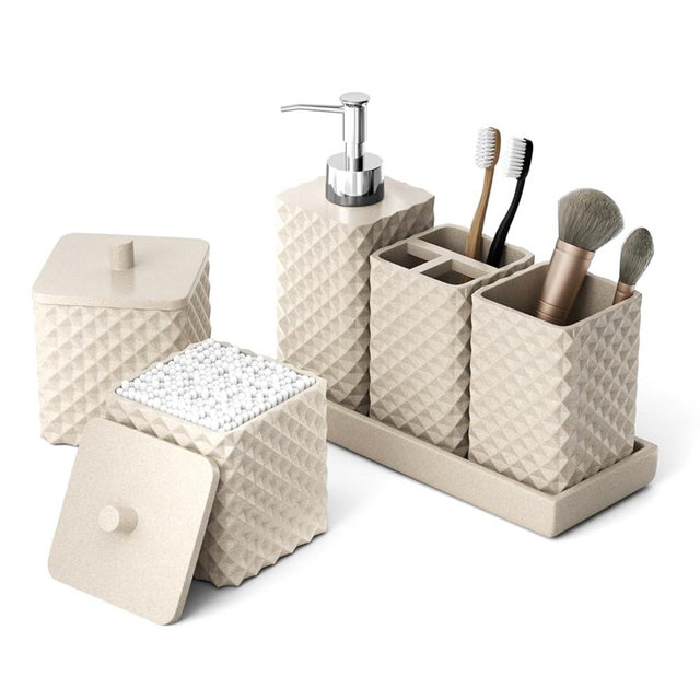 Bathroom Accessories Set Resin 6PCS, Square Toothbrush Holders Set Complete with Soap Dispenser, Vanity Tray, Tumbler, Cups and Cotton Swab Jars (Beige Diamond, Resin Bath 6 PCS)