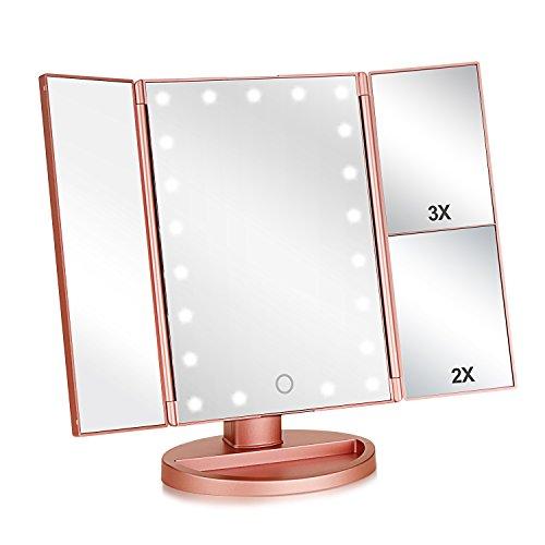 Tri-fold Lighted Vanity Makeup Mirror with 3x/2x Magnification,21 Leds Light and Touch Screen,180 Degree Free Rotation Countertop Cosmetic Mirror,Travel Makeup Mirror (Rose Gold)