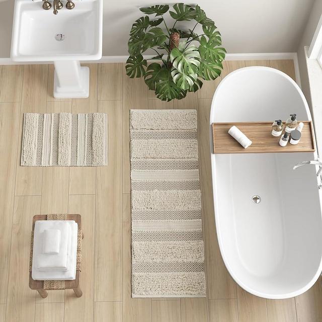 INK+IVY Bath Rug Hand-Woven Texture Shaggy Striped Soft & Water Absorbent, Boho Bathroom Décor Bath-Mats, Non-Slip Absorbent Quick Dry Mats for Tub, Shower Room, Asher, 22x58 Natural