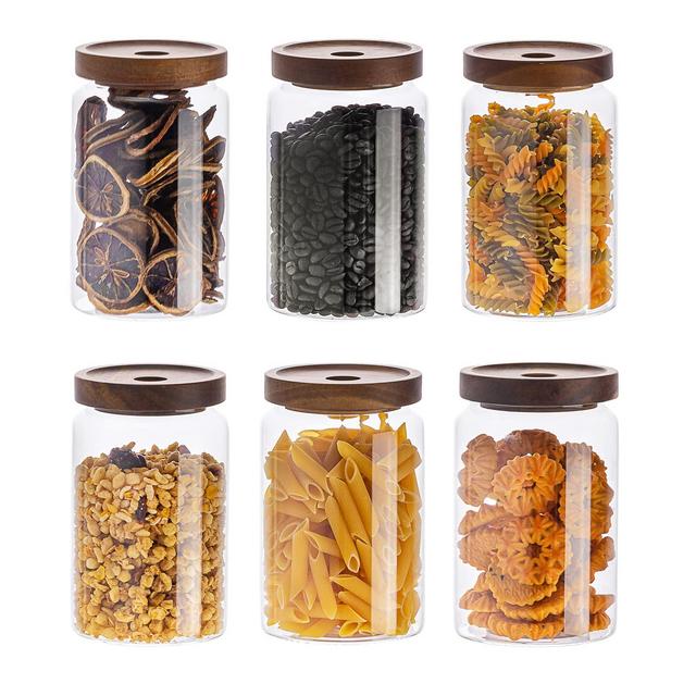 Kanwone Glass Storage Containers Set of 6, 28 Ounce Airtight Food Storage Containers with Bamboo lids, Clear Glass Jars for Pantry, kitchen, Flour, Sugar, Tea, Coffee, Snack, Cookies, Rice, Spice and Herbs