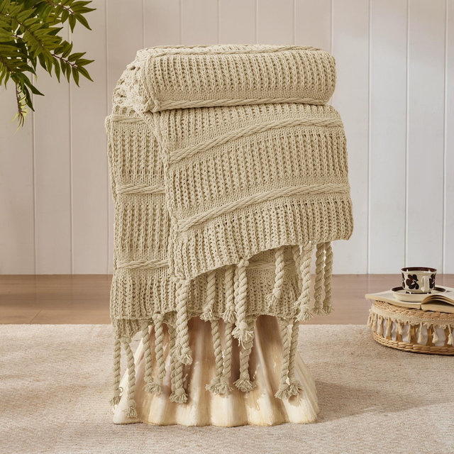 Boho Knitted Chenille Blanket with Tassels - Lightweight, Soft All-Season, Sandy Beige, 90*90”