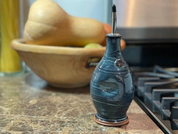 Pottery Olive Oil Cruet Pourer, EVOO Dispenser in Blue Glaze