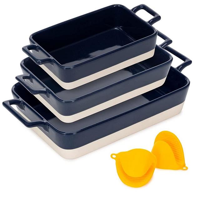 Casserole Dish Set 3 Ceramic Baking Dishes - Oven Bakeware Dishwasher Safe - L 10.0”x 5.75” x 2.0" M 8.25” x 5.75” x 2.0" S. 7.25” x 4.75” x 1.75"