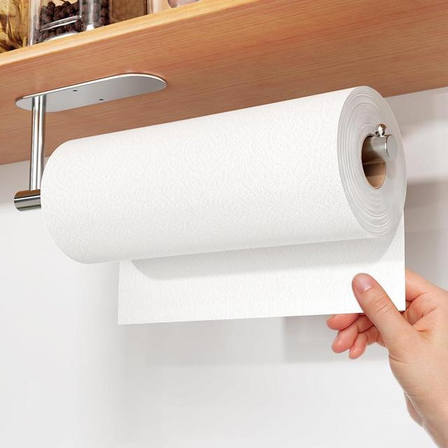 Paper Towel Holder - Self-Adhesive or Drilling Paper Towel Hanging Under Cabinet Wall Mount for Kitchen, Bathroom, Pantry, Sink Storage and Organization, Stainless Steel Silver Paper Towel Holder