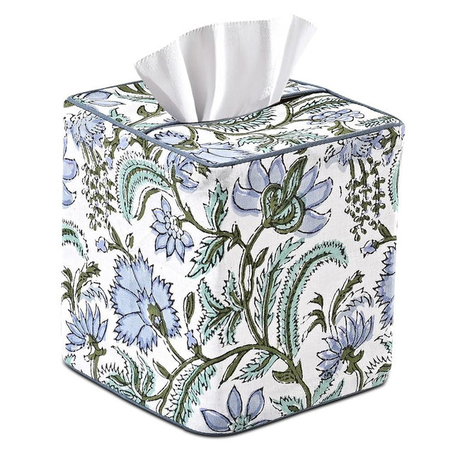Ridhi Columbia Blue Block Print Tissue Box Cover – Handmade Cotton Fabric Tissue Holder for Home Bedroom Living Room Bathroom Vanity Car Nightstand Office Kitchen – Decorative Square Napkin Holder