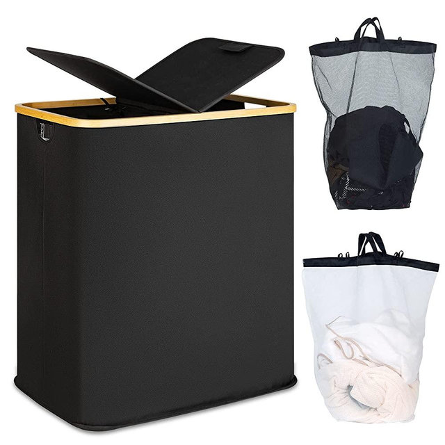 efluky Double Laundry Hamper with Lid, Divided Laundry Hamper with Removable Bags, 2 Section Dirty Clothes Basket with Handles for Bathroom, Bedroom & Laundry Room, 140L Black