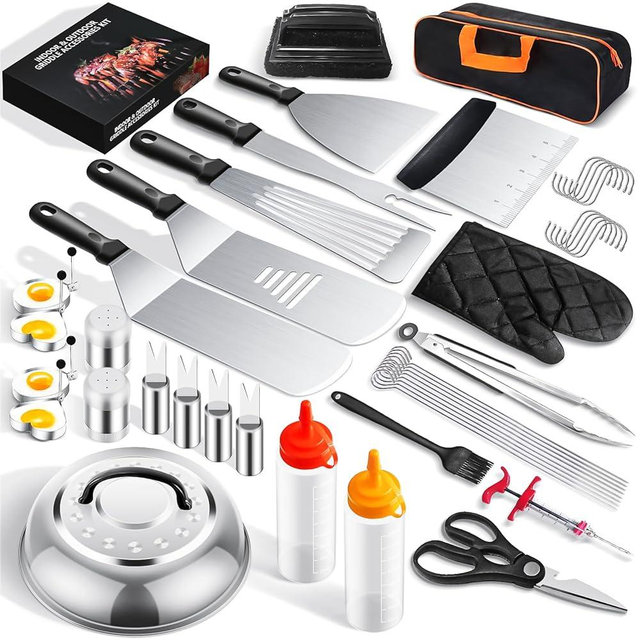 45PCS Griddle Accessories Kit for Blackstone and Camp Chef, Heavy Duty Flat Top Grill Accessories Set with Enlarged Spatulas, Basting Cover, Scraper for Outdoor, Camping, Holiday and Beach