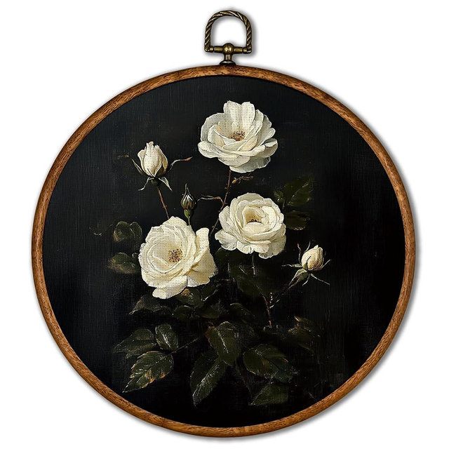 KSDUT Flower Wall Art Decor - Botanical Neutral Mid Century Modern Wall Art Canvas Frame Hanging Prints, Vintage White Floral Round Wall Art Decor for Home Decorations 10"x10"