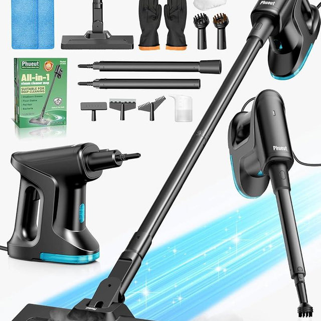 Heavy Duty Steam Mop for Floor Cleaning, 14-in-1 Lightweight Detachable Handheld Steam Cleaner with Multi-Purpose&Powerful, No-Chemical Floor Steamer for Home|Hardwood|Grout|BBQ|Window (Black)