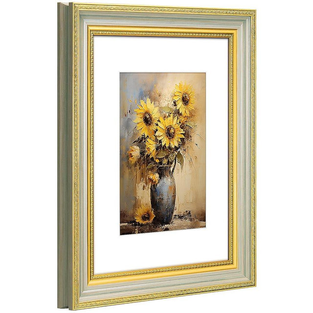KSROECUD 9x12 Picture Frame for 6x8 Photo with White Mat, HD Real Glass 9x12 Vintage Photo Frame with Gold Green Texture Border Horizontal & Vertical Display for Tabletop or Wall Decor (1 Pack)