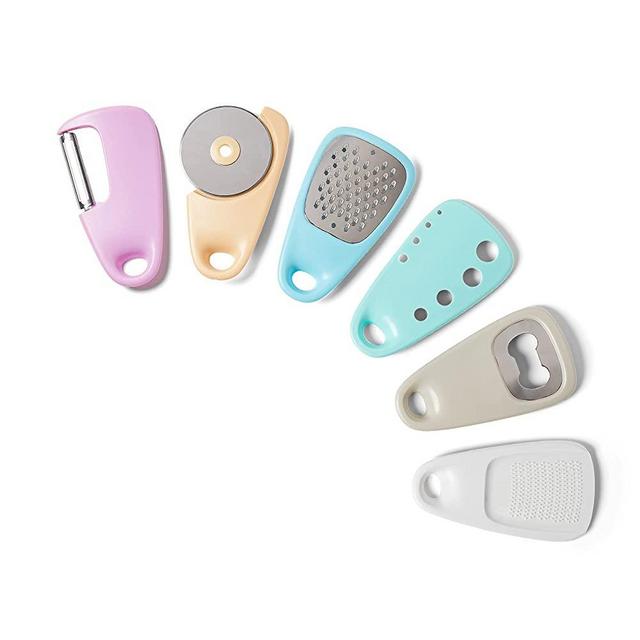 NELE Home Kitchen Gadgets Set 6 Pieces, Space Saving Kitchen Utensils/Kitchen Tools, Cheese/Chocolate Grater, Herb Stripper, Fruit/Vegetable Peeler, Garlic/Ginger Grinder, Bottle Opener, Pizza Cutter