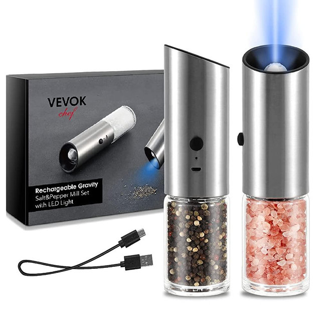 Rechargeable Electric Salt and Pepper Grinder Set with LED Light USB Automatic Gravity Stainless Steel Pepper Mill Spice Grinder Adjustable Coarseness One-handed Operation Housewarming Gifts