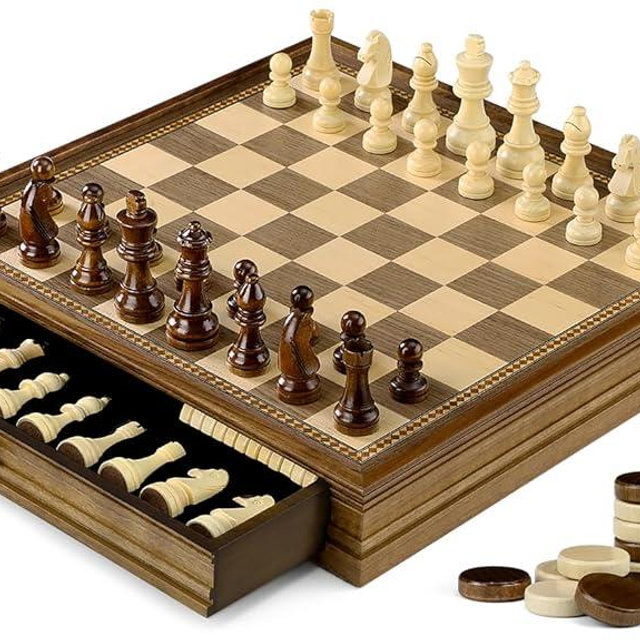Peradix Magnetic Chess Checkers Board Sets with 2 Built-in Storage Drawers,15" Classic 2 in 1 Wooden Games with 2 Extra Queens for Kids and Adults,Travel Portable Chess Game Set