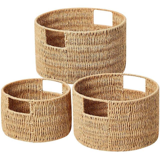 Vagusicc Wicker Storage Basket, Hand-Woven Paper Rope Large Round Woven Basket With Handles, Wicker Baskets for Organizing/Storage, Natural, 3-Pack
