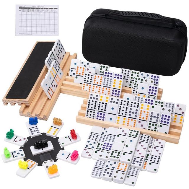 Mexican Train Double 12 Dominoes Set - 91 Tiles with 4 Wooden Trays & Travel Case, Family Board Game for Adults Kids Party Travel