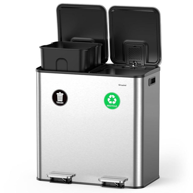 Lovewind 2×11.5 Gallon Dual Trash Can, Stainless Steel Dual Garbage and Recycling Can with Foot Pedal, 90° Stay-Open Lid, Pet-Proof Design – Large Dual Compartment Trash Recycling Bins Kitchen, Silver