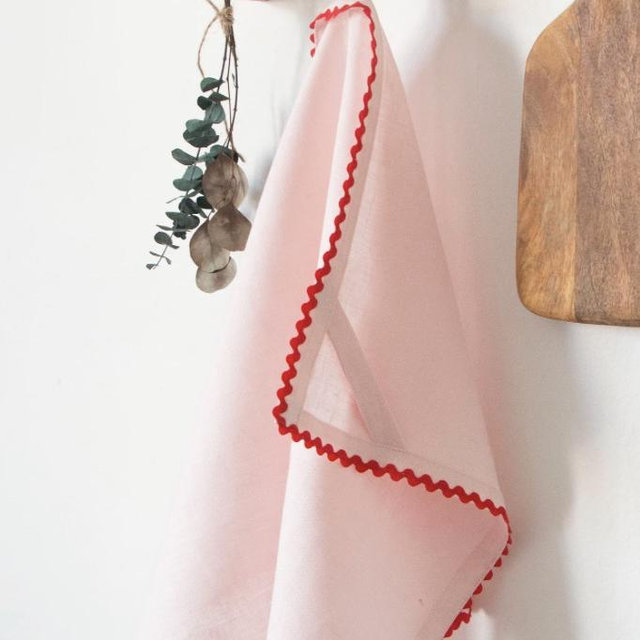 Colorfull linen tea towel with ric rac trim. Natural dish kitchen towel. - Pink