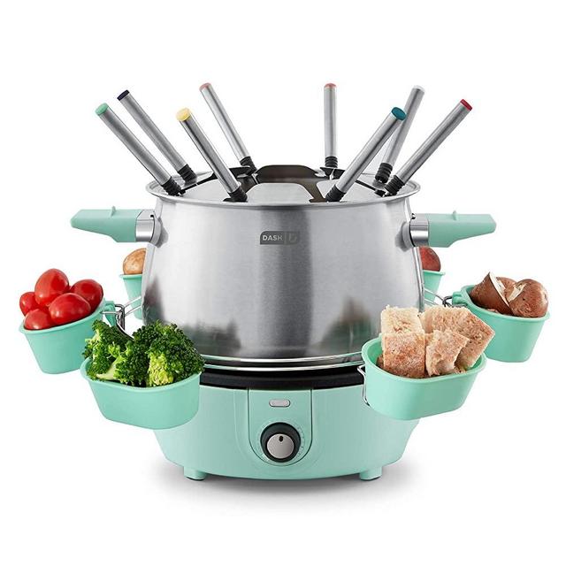 Dash DFM250GBAQ04 Deluxe Stainless Steel Fondue Maker with Temperature Control, Forks, Cups, and Rack, with Recipe Guide Included, 3-Quart, Non-Stick, Aqua