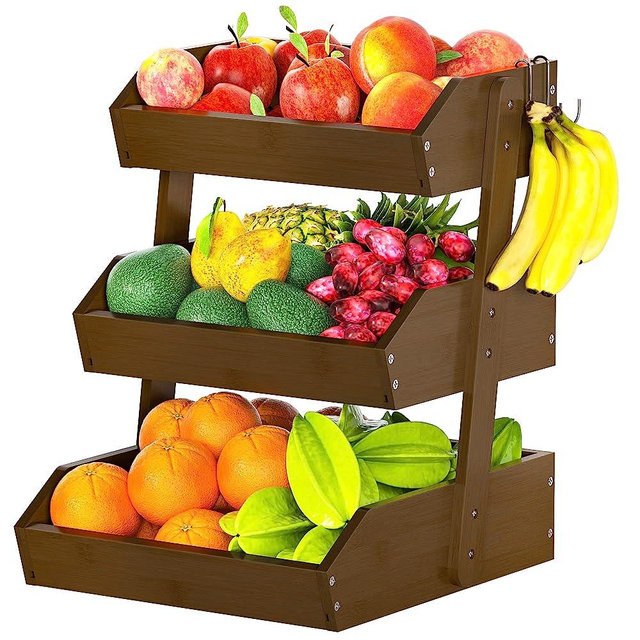 Gmtsl Bamboo Fruit Basket – 3 Tier Fruit Bowl For Kitchen Counter, Large Capacity Fruit Holder With 2 Banana Hangers, Idea For Fruit and Vegetable Storage, Bread Basket, Snack Organizer(WALNUT)