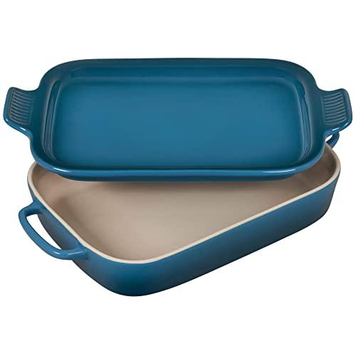 Le Creuset Heritage Casserole Stoneware Rectangular Dish with Platter Lid, 14 3/4 inch x 9 inch x 2 1/2 inch, Deep Teal, 2.75 qt