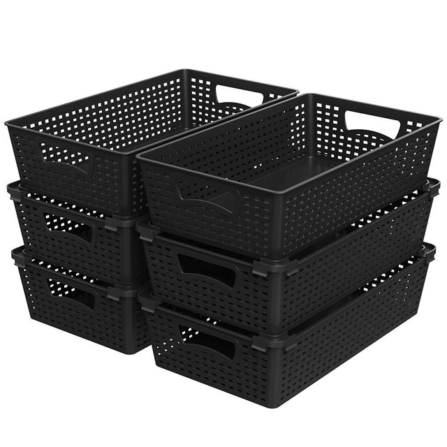 Simple Houseware Stackable Plastic Woven Basket Organizer, 6 Pack, 14.5" x 8.5" x 3.5", Black