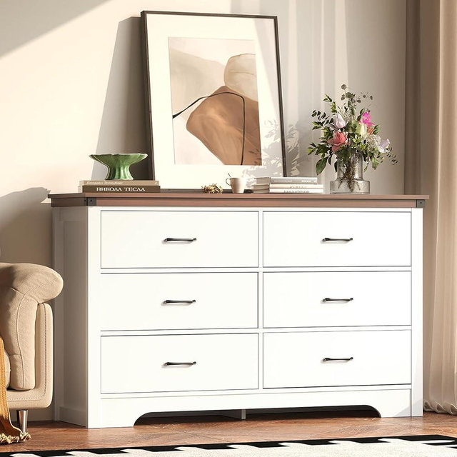 MYBEILEYI 6 Drawers Dresser Chest, 52" Wide Modern Storage Organizer for Bedroom, Wood Tabletop TV Stand with for Guest Room, Closet, Entryway, Nursery, White+Walnut