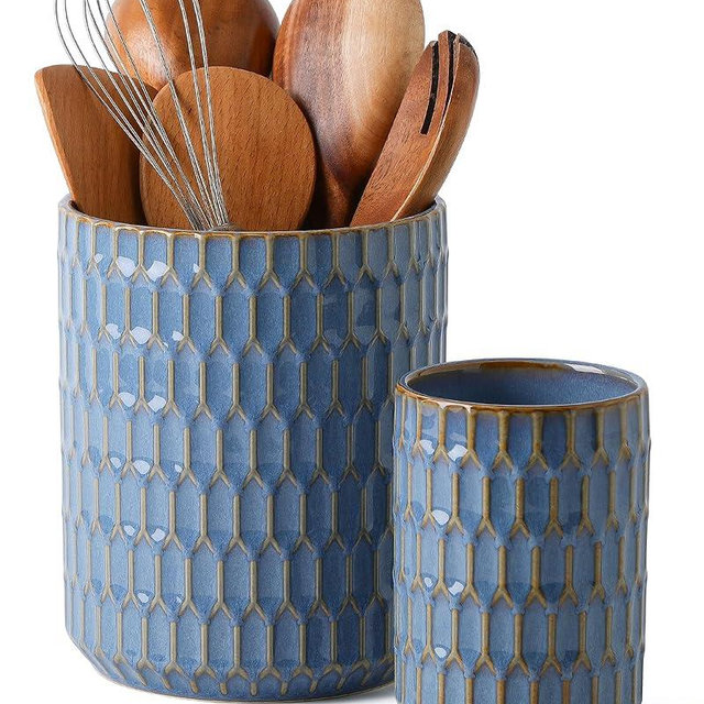 ArteBake Utensil Holder, 7.5"+5.3" Ceramic Kitchen Utensil Holder for Countertop, Large Cooking Utensil Crock for Kitchen Counter, Set of 2, Blue