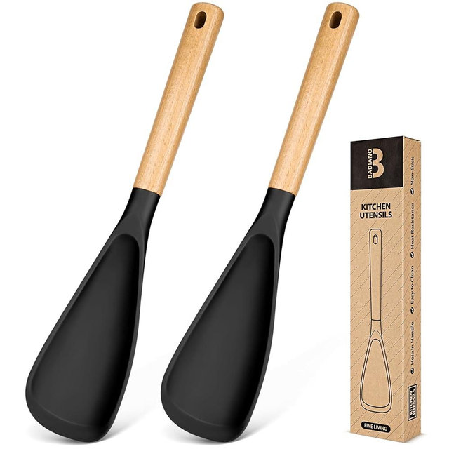 Cooking Spoon for Nonstick Cookwares, Great for Cooking and Serving Sturdy BPA-Free Matte Silicone, Wood Handle Spoon for Mixing, Scoop, and Scrape (2 Pack of Black, 13.4 inch)