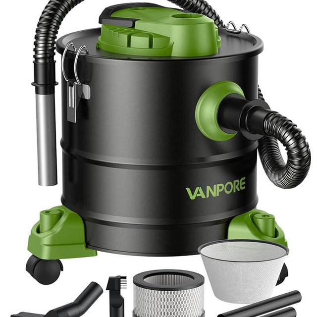 VANPORE Ash Vacuum Cleaner 5.2 Gallon with 1200w Suction Power&Wheeled Base, Ash Vacuum for Pellet Stoves, Fireplaces, Grill, Wood Stove, Fire Pits,Green