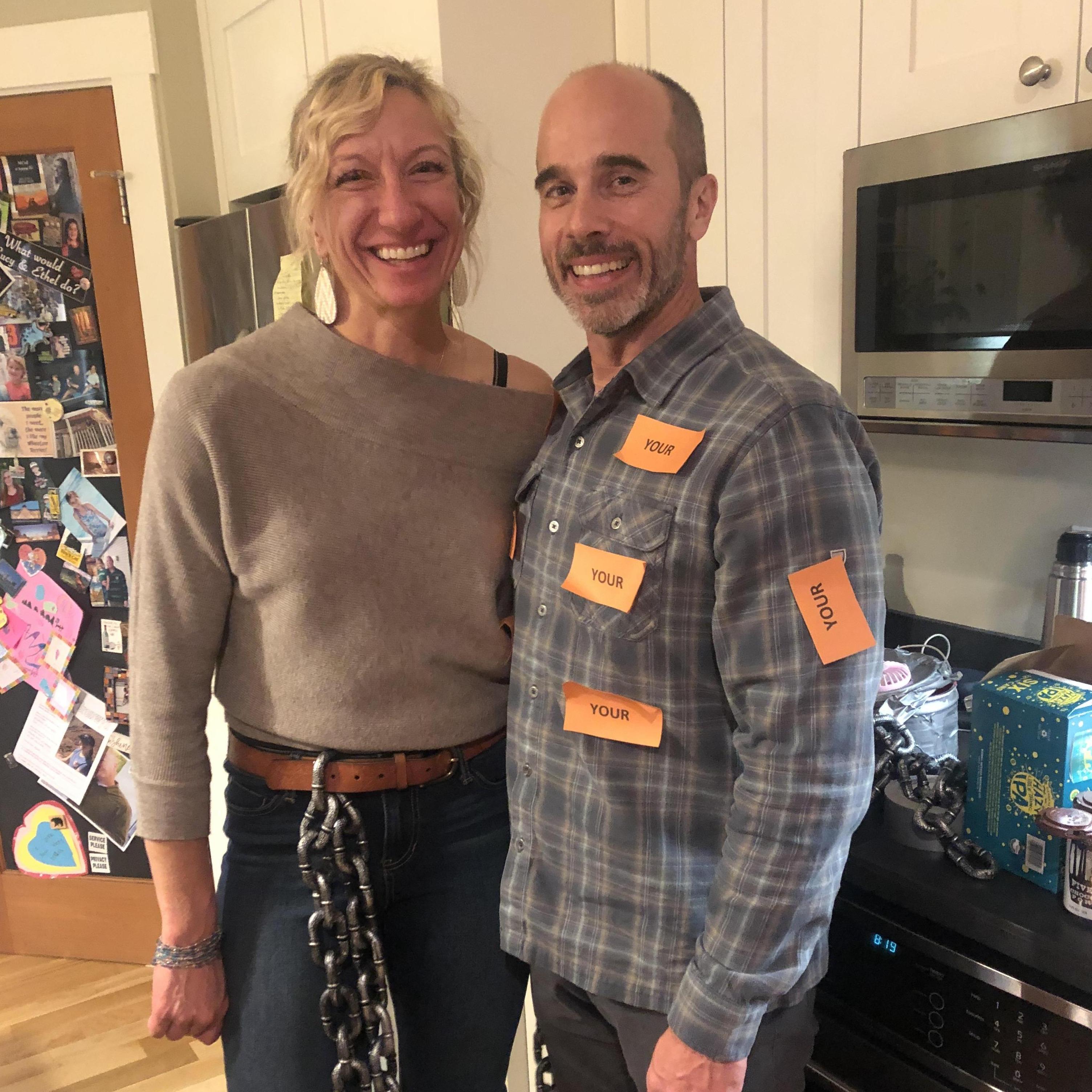 First Halloween together - can you guess our costumes? Shelly has Chains and a smoke machine, Joe has "yours" taped to him. Come on anyone??
1) Chain Smoker
2) "I'm Yours"
So clever right??