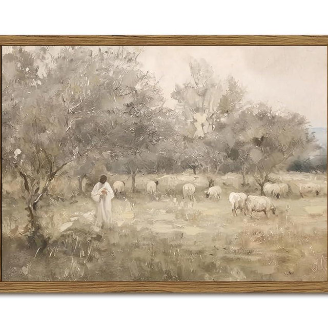Jesus and Lamb Christian Wall Art, Jesus Leaves the 99 Sheep Wall Decor Paintings, The Lord is My Shepherd Religious Poster Canvas Prints Artwork for Living Prayer Room 12x16 inch Wood Framed