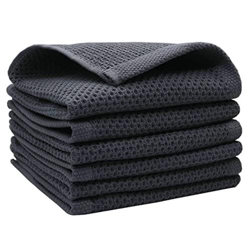 VeraSong Natural Cotton Dish Cloths Waffle Weave Kitchen Towels,Ultra Absorbent Quick Drying Dish Towels, Soft Comfort Cleaning Cloth Washcloths, Set of 6 (12Inch X 12Inch, Dark Gray)