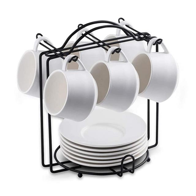 Espresso Cups with Saucers and Metal Stand Set of 6 4 oz Cappuccino Cups Teacup for Tea Party White
