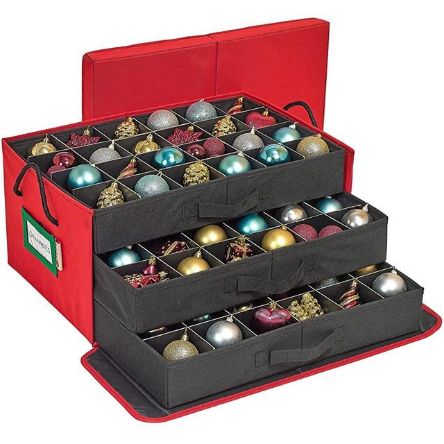 Christmas Ornament Storage Container Box with Dividers - Stores up to 72 - 3" Holiday Ornaments Conveniently, Large Premium Quality Fabric Storage Bins with 3 Removable Trays & Carry Handles