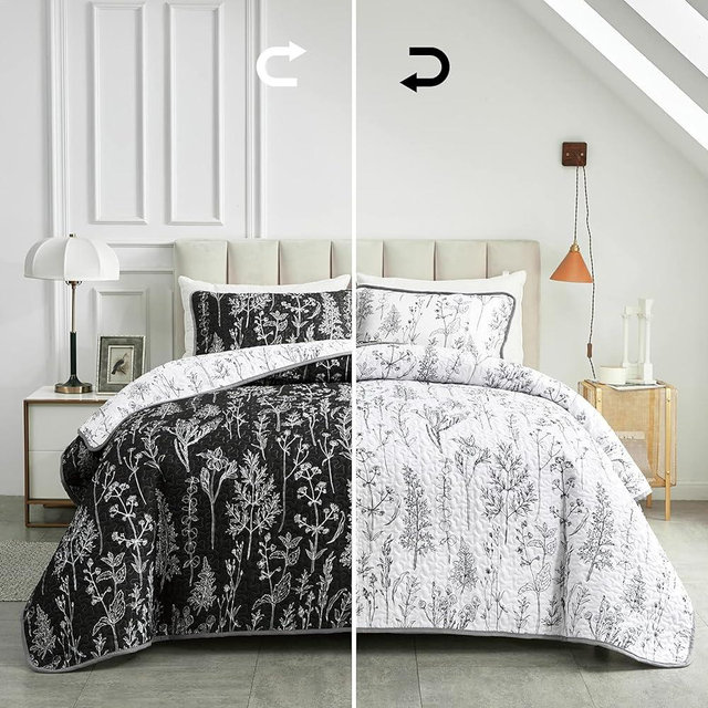 Joyreap 3 Pieces Quilt Set King, Black n White Rversible Botanical Design, Smooth Soft Microfiber Quilt, Bedspread Bed Cover for All Season, 1 Quilt and 2 Pillow Shams- 102x90 inches