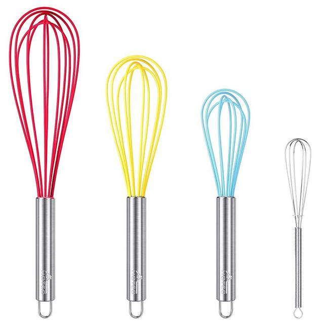 HOTEC Silicone Whisks for Cooking, 4 Piece Pack Balloon Wire Whisk Egg Beater Milk Frother Kitchen Utensils Gadgets for Blending Whisking Beating Stirring