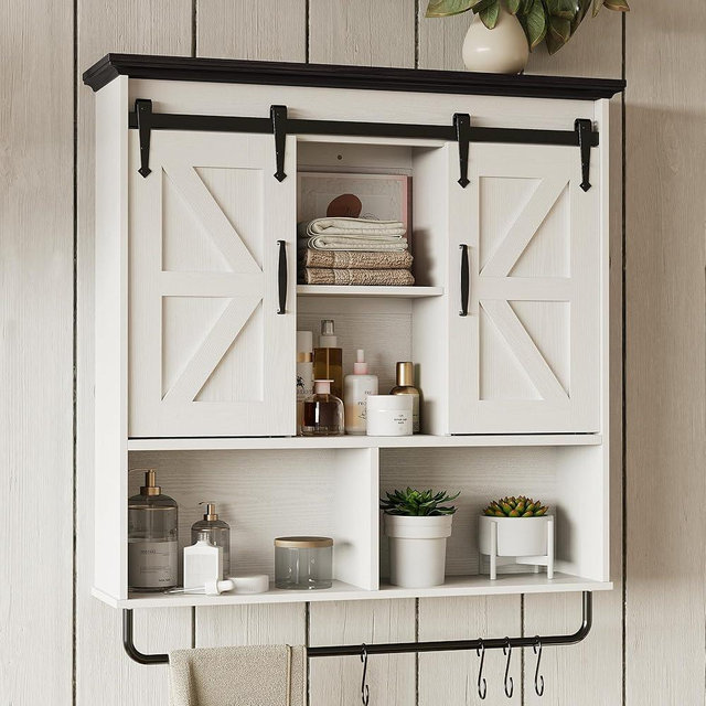 IRONCK Bathroom Wall Cabinet, Farmhouse Medicine Cabinet with Sliding Barn Door and LED Lights, Storage Cabinet Wall Mounted with Adjustable Shelves & Towel Bar for Bathroom, Kitchen, White