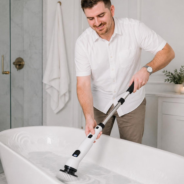 TUYU Electric Spin Scrubber, Full-Body IPX7 Waterproof Bathroom Scrubber with Power LCD Display, 8 Replacement Head, Adjustable Extension Handle, Cordless Shower Cleaner Brush for Bathtub Cleaning