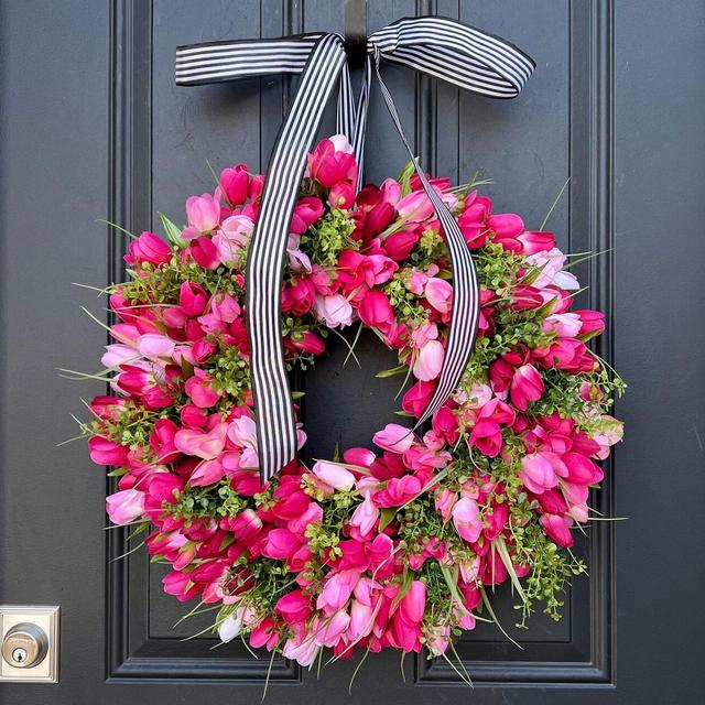 Pink Tulip Wreath, Spring Front Door Tulip Wreath