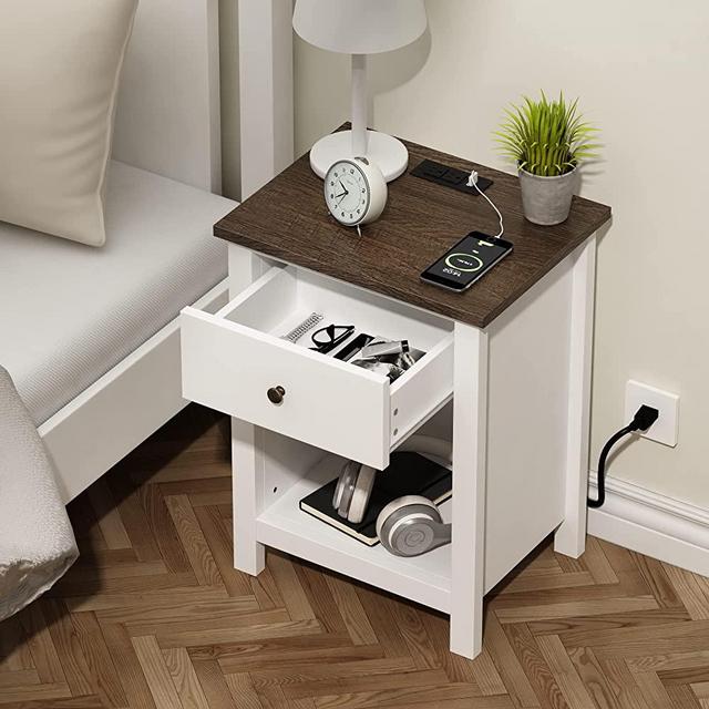 ChooChoo Nightstand with Charging Station, Wooden Top Bedside Table with Drawer and Storage Space for Bedroom, White