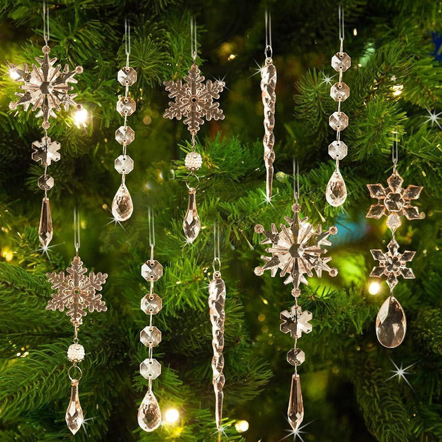 GuassLee 36pcs Crystal Christmas Tree Ornaments - Champagne Acrylic Snowflake Icicle Drop Crystal Hanging Ornaments for Christmas Tree Winter Wonderland Frozen Themed Birthday Party Decor