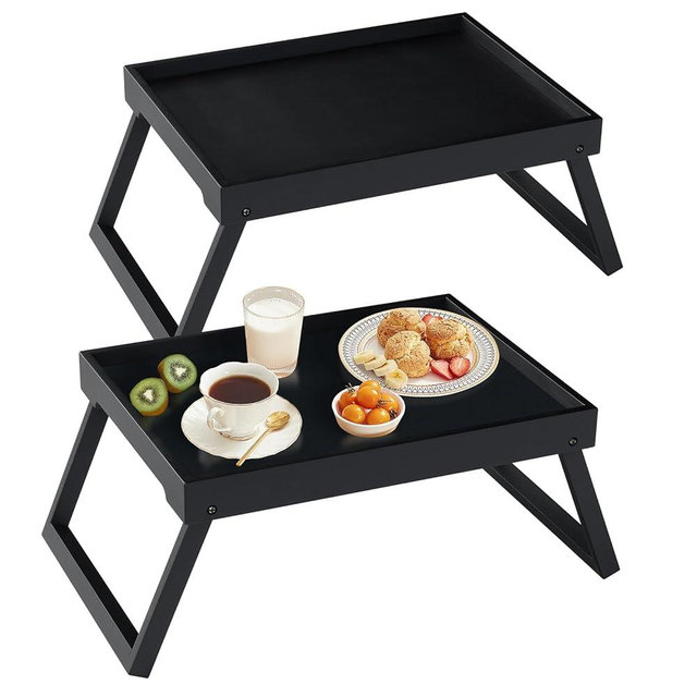 Bamboo Bed Tray Table with Folding Leg, Breakfast for Eating, Kitchen Serving, Food,Sofa, Snacking, Laptop Desk Dinner,2 Pack (Black)
