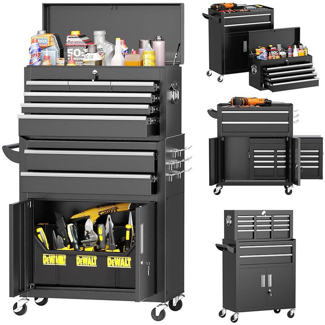 INTERGREAT 8-Drawers Rolling Tool Chest, Assembled Tool Chest with Wheels, Detachable Top Tool Box, Tool Cabinet for Repair Room,Warehouse, Rolling Tool Box with Hooks,Tray Divider,Liners(Black)