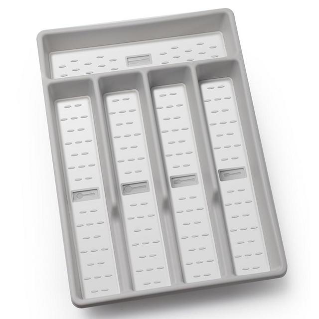 Joequality Silverware Organizer with Icons，Plastic Cutlery silverware Tray for Drawer，Utensil Flatware Tableware Organizer for Kitchen with Non-slip TPR,Fits Standard Drawer,5-Compartment,White